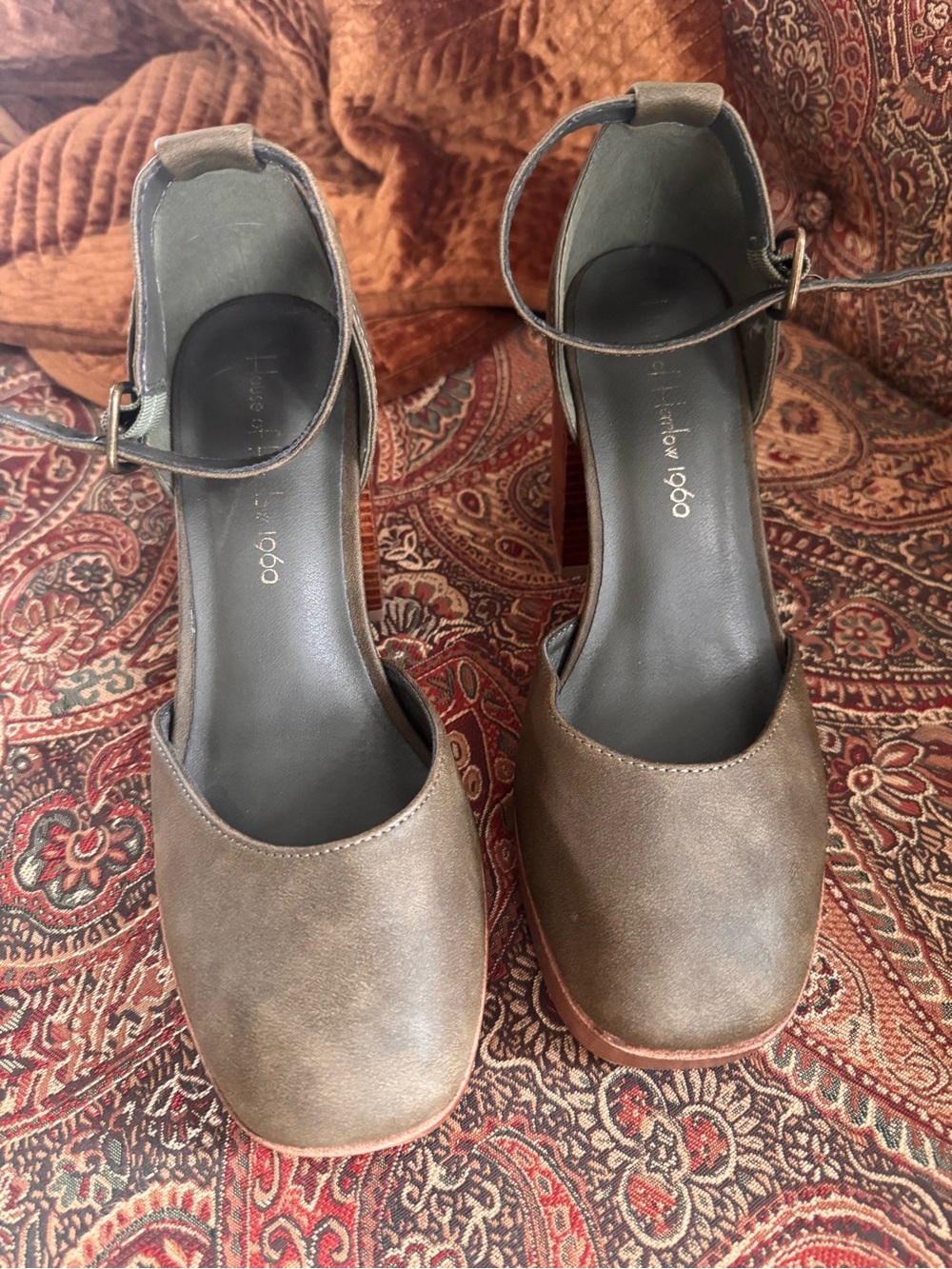 House of Harlow 1960 Olive Green Ankle-Strap Block Heels